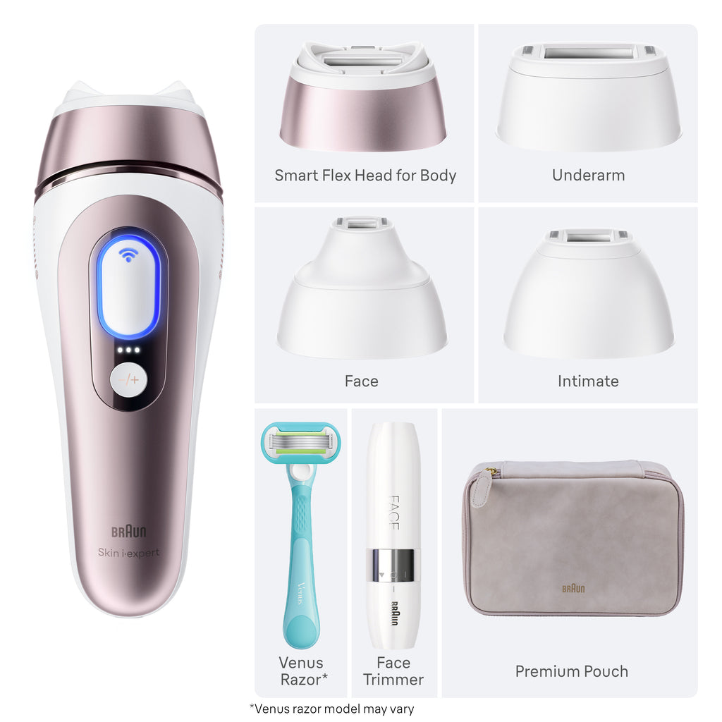 Braun Smart IPL Skin i·Expert Pro 7: At Home Alternative to Laser Hair Removal with 3 Caps Facial Hair Trimmer and Leather Pouch IPL7219